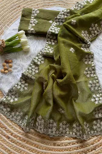 Dark Olive Zari Floral Embroidery With Sequins Work Crushed silk blend Saree