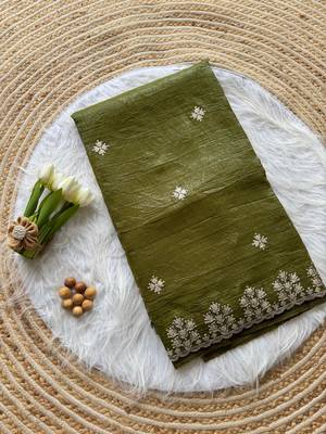 Dark Olive Zari Floral Embroidery With Sequins Work Crushed silk blend Saree 4
