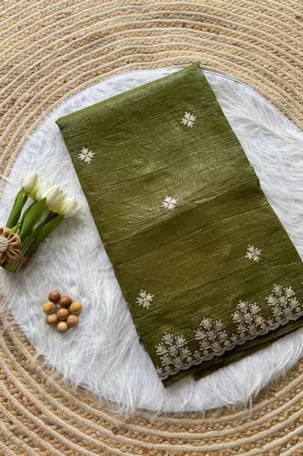 Dark Olive Zari Floral Embroidery With Sequins Work Crushed silk blend Saree