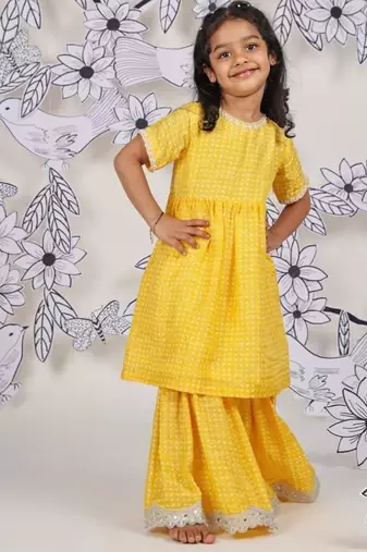 Sunshine sparkle girls sharara set yellow printed festive wear