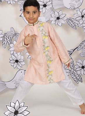 Sunset bloom boys kurta set peach & lemon with festive embroidery 1