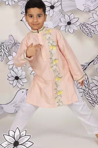 Sunset bloom boys kurta set peach & lemon with festive embroidery