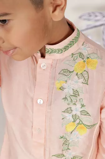 Sunset bloom boys kurta set peach & lemon with festive embroidery