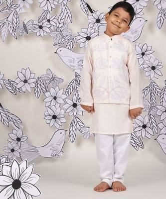 Pastel leaf boys jacket set light pink kurta with leaf embroidery 1