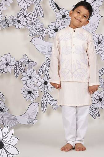 Pastel leaf boys jacket set light pink kurta with leaf embroidery