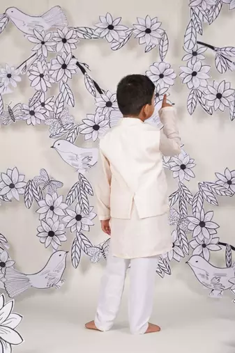 Pastel leaf boys jacket set light pink kurta with leaf embroidery