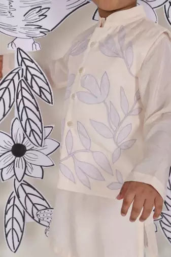 Pastel leaf boys jacket set light pink kurta with leaf embroidery