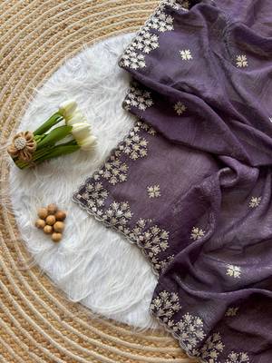 Dark Plum Zari Floral Embroidery With Sequins Work Crushed silk blend Saree 1