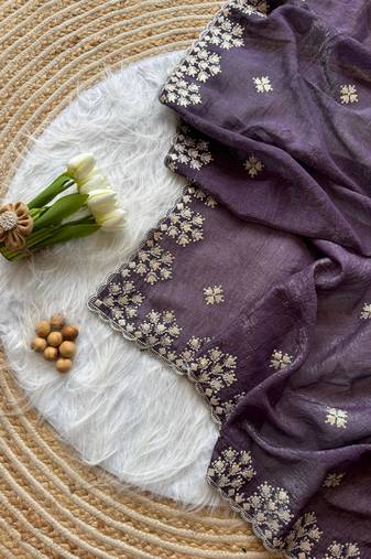 Dark Plum Zari Floral Embroidery With Sequins Work Crushed silk blend Saree