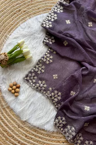 Dark Plum Zari Floral Embroidery With Sequins Work Crushed silk blend Saree