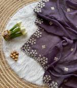 Dark Plum Zari Floral Embroidery With Sequins Work Crushed silk blend Saree