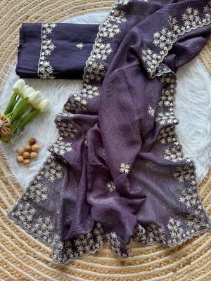 Dark Plum Zari Floral Embroidery With Sequins Work Crushed silk blend Saree 2