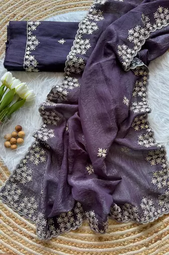 Dark Plum Zari Floral Embroidery With Sequins Work Crushed silk blend Saree