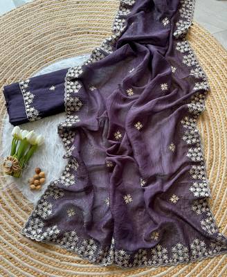 Dark Plum Zari Floral Embroidery With Sequins Work Crushed silk blend Saree 3