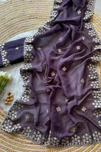 Dark Plum Zari Floral Embroidery With Sequins Work Crushed silk blend Saree