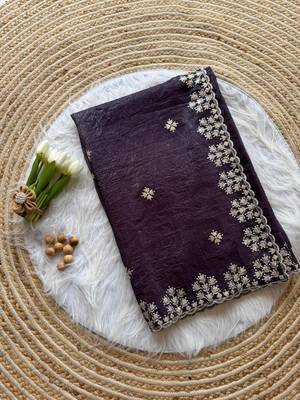Dark Plum Zari Floral Embroidery With Sequins Work Crushed silk blend Saree 4