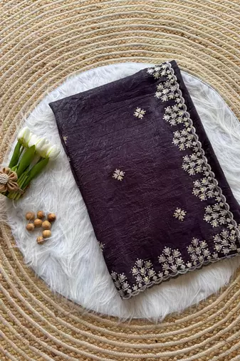 Dark Plum Zari Floral Embroidery With Sequins Work Crushed silk blend Saree