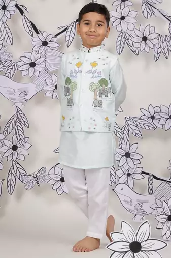 Jungle journey boys jacket set blue kurta with elephant embroidery