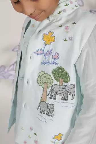 Jungle journey boys jacket set blue kurta with elephant embroidery