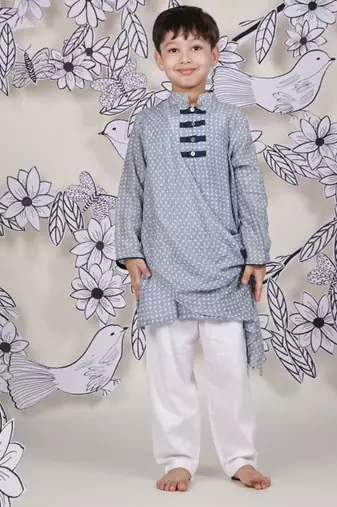 Crossbody chic boys kurta set blue print with drape detail