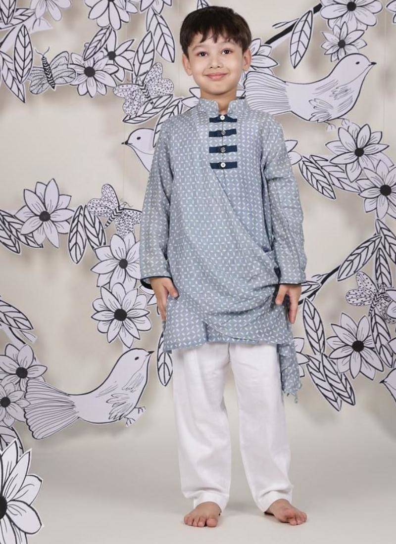 Crossbody chic boys kurta set blue print with drape detail