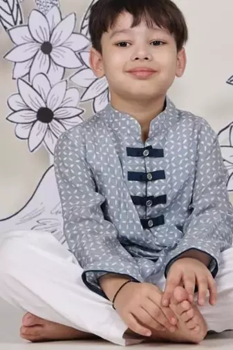 Crossbody chic boys kurta set blue print with drape detail