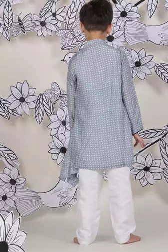 Crossbody chic boys kurta set blue print with drape detail