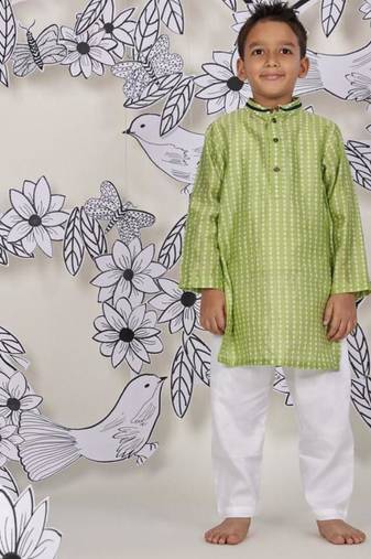 Lime blossom boys kurta set green floral print with piped collar