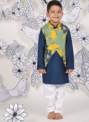 Tropical bloom boys jacket set yellow floral nehru jacket with navy kurta 1