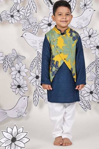 Tropical bloom boys jacket set yellow floral nehru jacket with navy kurta