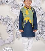 Tropical bloom boys jacket set yellow floral nehru jacket with navy kurta