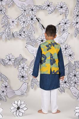 Tropical bloom boys jacket set yellow floral nehru jacket with navy kurta 2