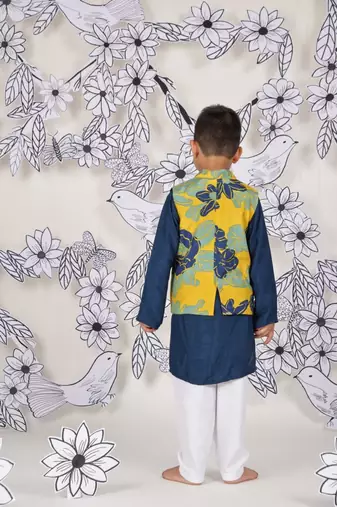 Tropical bloom boys jacket set yellow floral nehru jacket with navy kurta
