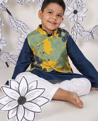 Tropical bloom boys jacket set yellow floral nehru jacket with navy kurta 3