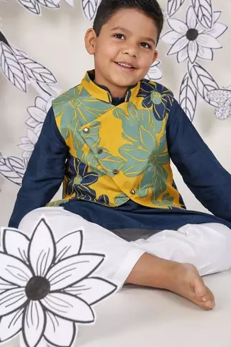 Tropical bloom boys jacket set yellow floral nehru jacket with navy kurta