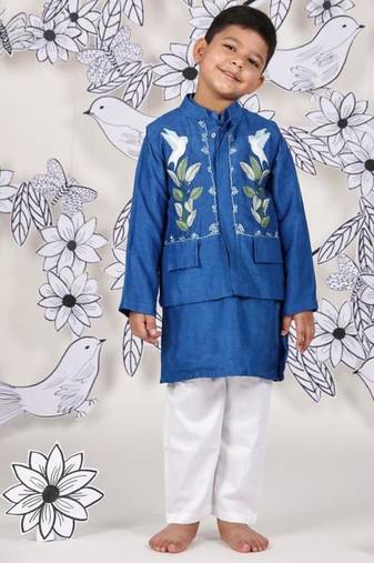 Royal wings boys jacket set blue kurta with bird embroidery