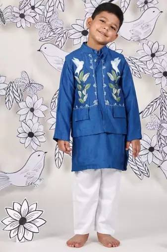 Royal wings boys jacket set blue kurta with bird embroidery