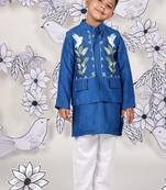 Royal wings boys jacket set blue kurta with bird embroidery