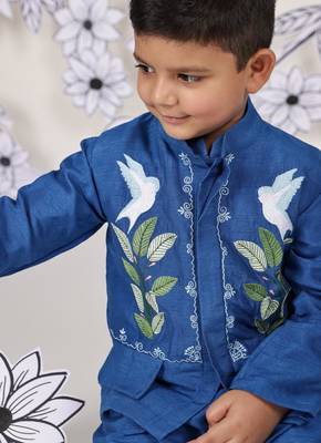 Royal wings boys jacket set blue kurta with bird embroidery 3