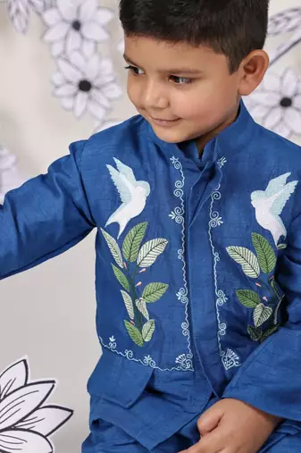 Royal wings boys jacket set blue kurta with bird embroidery