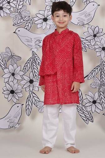 Cowl cool boys kurta set red printed with draped silhouette