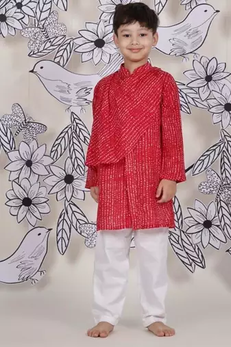 Cowl cool boys kurta set red printed with draped silhouette