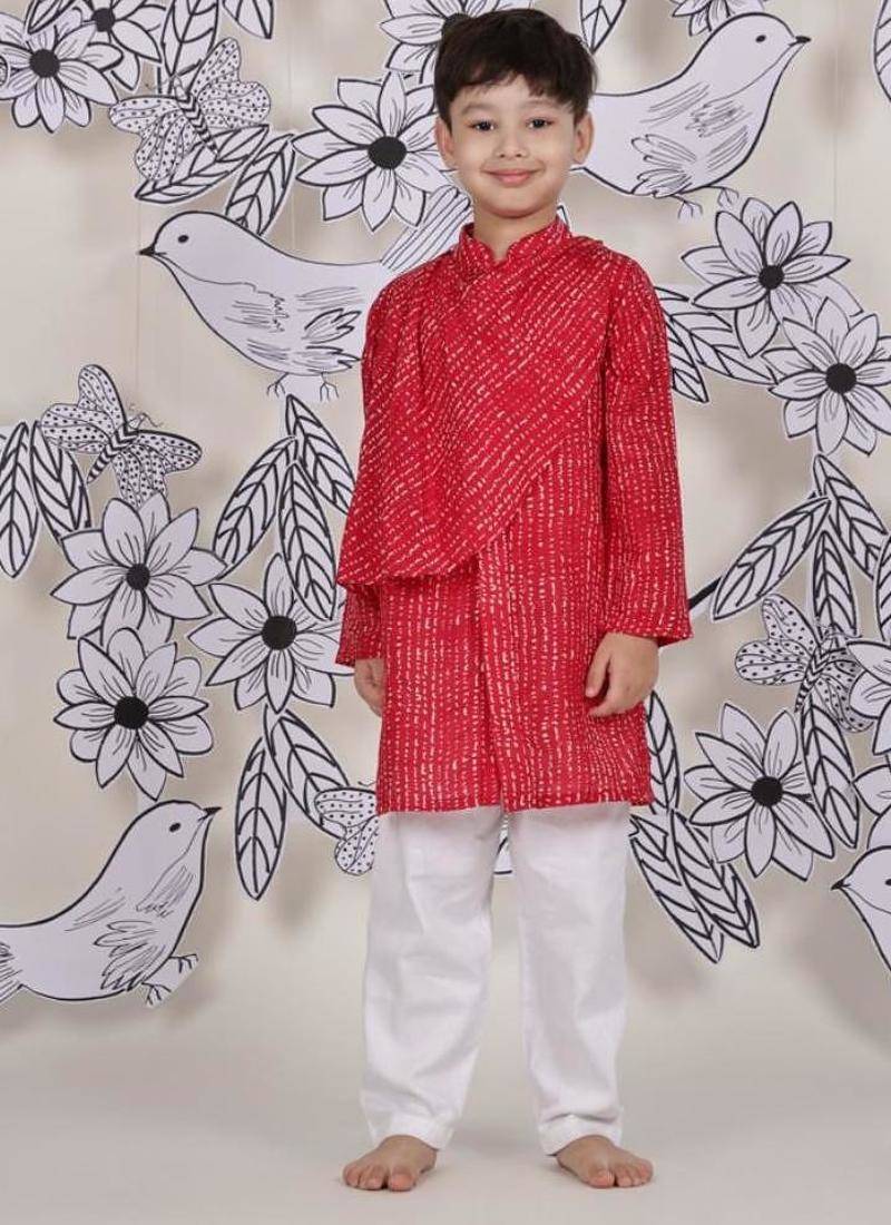 Cowl cool boys kurta set red printed with draped silhouette