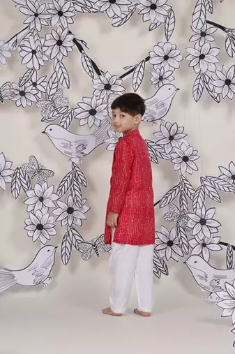 Cowl cool boys kurta set red printed with draped silhouette