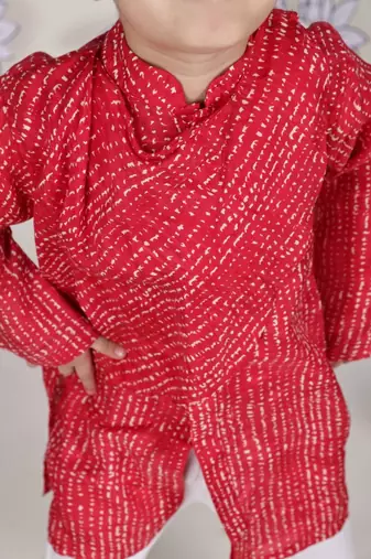 Cowl cool boys kurta set red printed with draped silhouette