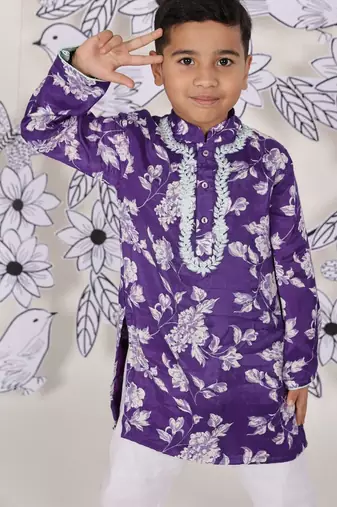 Mint contrast boys    kurta set royal purple floral & embroidery