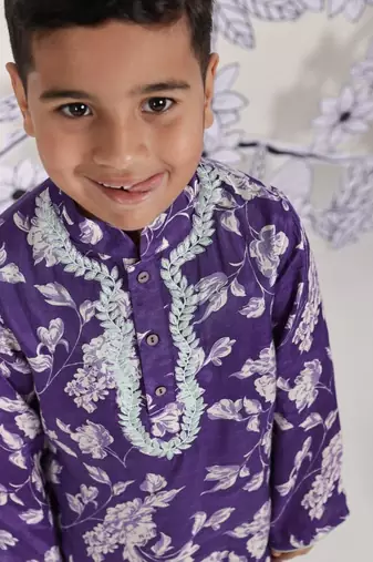 Mint contrast boys    kurta set royal purple floral & embroidery