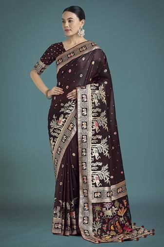 sky blue banarasi satin silk meenakari zari weaving pattern saree