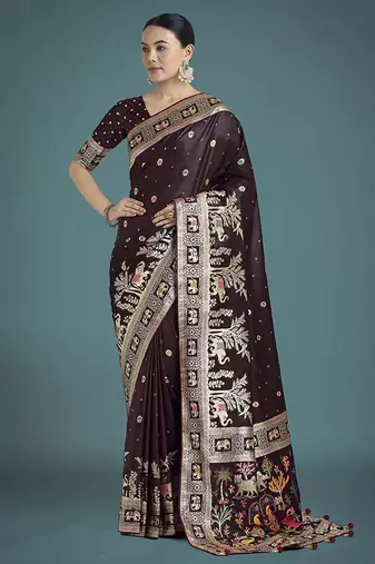 sky blue banarasi satin silk meenakari zari weaving pattern saree