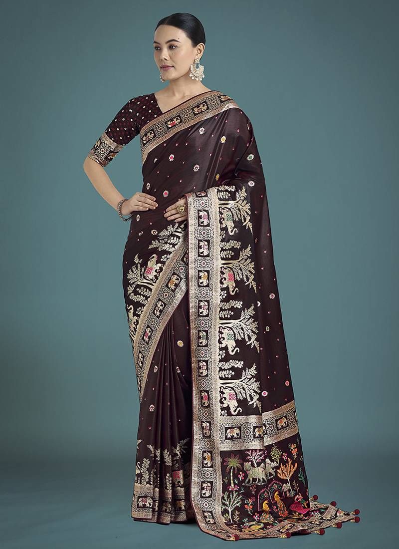 sky blue banarasi satin silk meenakari zari weaving pattern saree